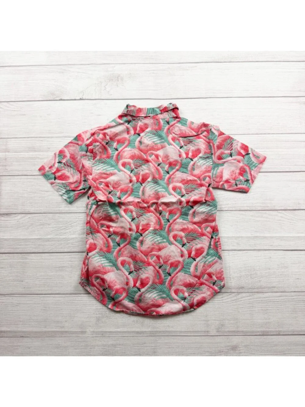 Old Navy Boys Flamingo Print Button Up Shirt Tropical Built-In Flex L 10-12